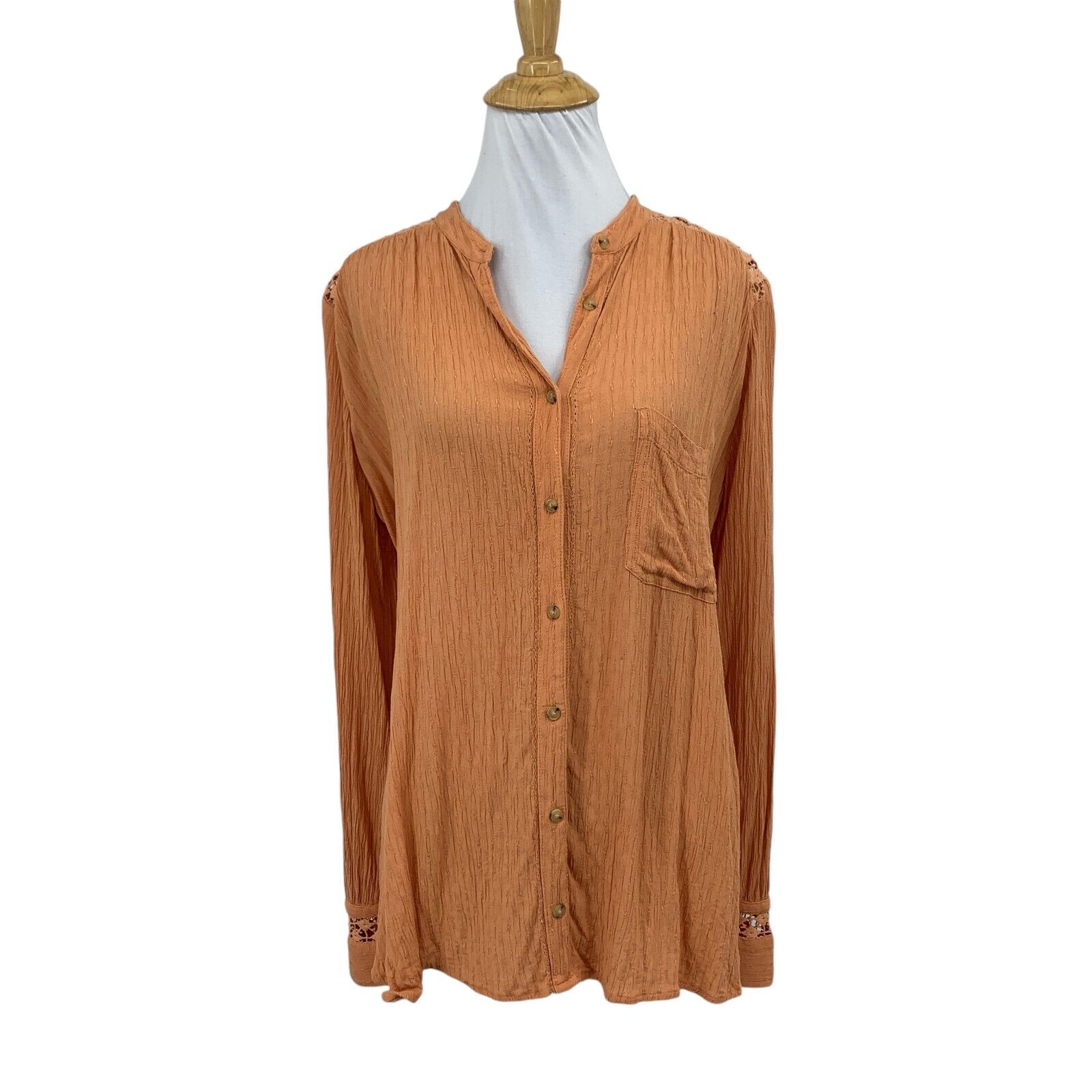 Free People Blouse Womens Medium Orange The Best Crochet Button Down Long Sleeve